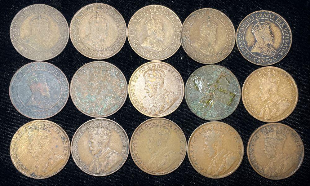 Canadian 1C Edward VII and George V Variety?(1902-1920): (15-coins)Canadian 1C Edward VII and George V Variety?(1902-1920)1902 Canadian 1C Edward VII F, 1903 Canadian 1C Edward VII VF, 1906 Canadian 1C Edward VII VF, 1908 Canadian 1C Edward VII VF, 1909 Can