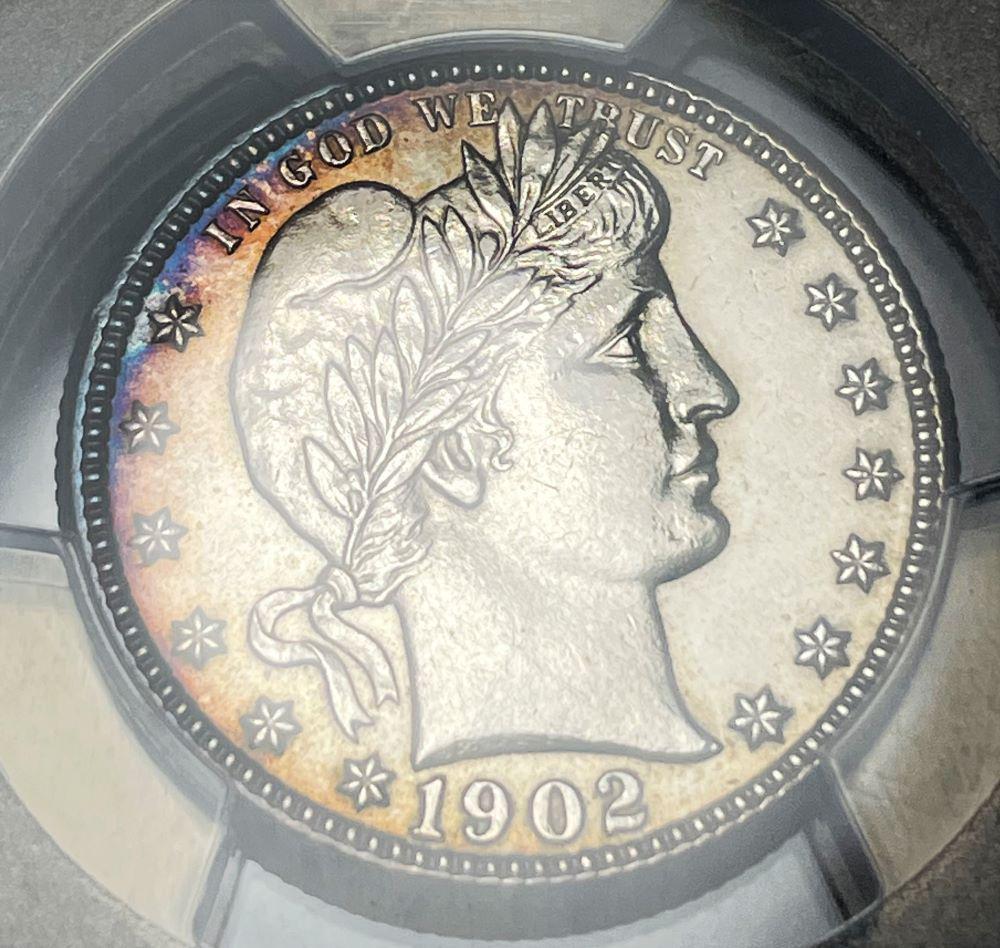 Toned 1902 Barber Quarter PCGS Cleaned UNC. Detail (1 of 4)