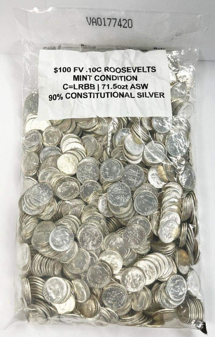 $100 FV Mint Condition Pre-65 90% Roosevelt Silver Dimes (1 of 5)