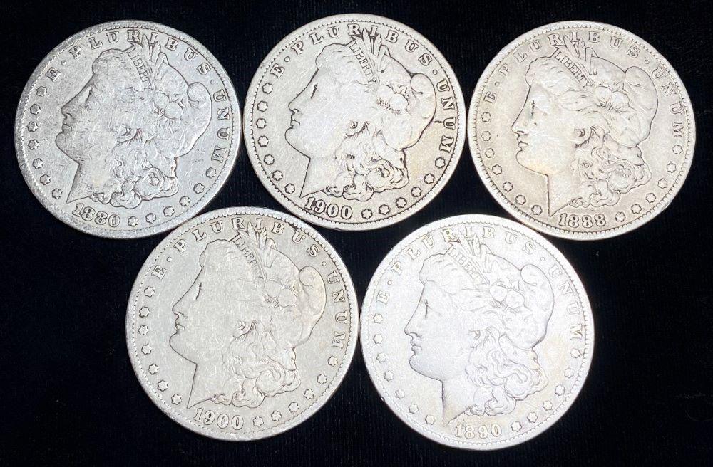 (5) 1880-1900-O Morgan Silver Dollars As Is (1 of 5)