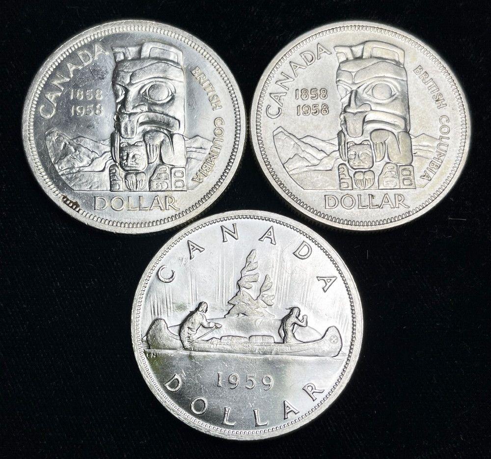 (3) 1958-1959 Canada Silver $1 Totem Pole/Voyageur Boat (1 of 2)
