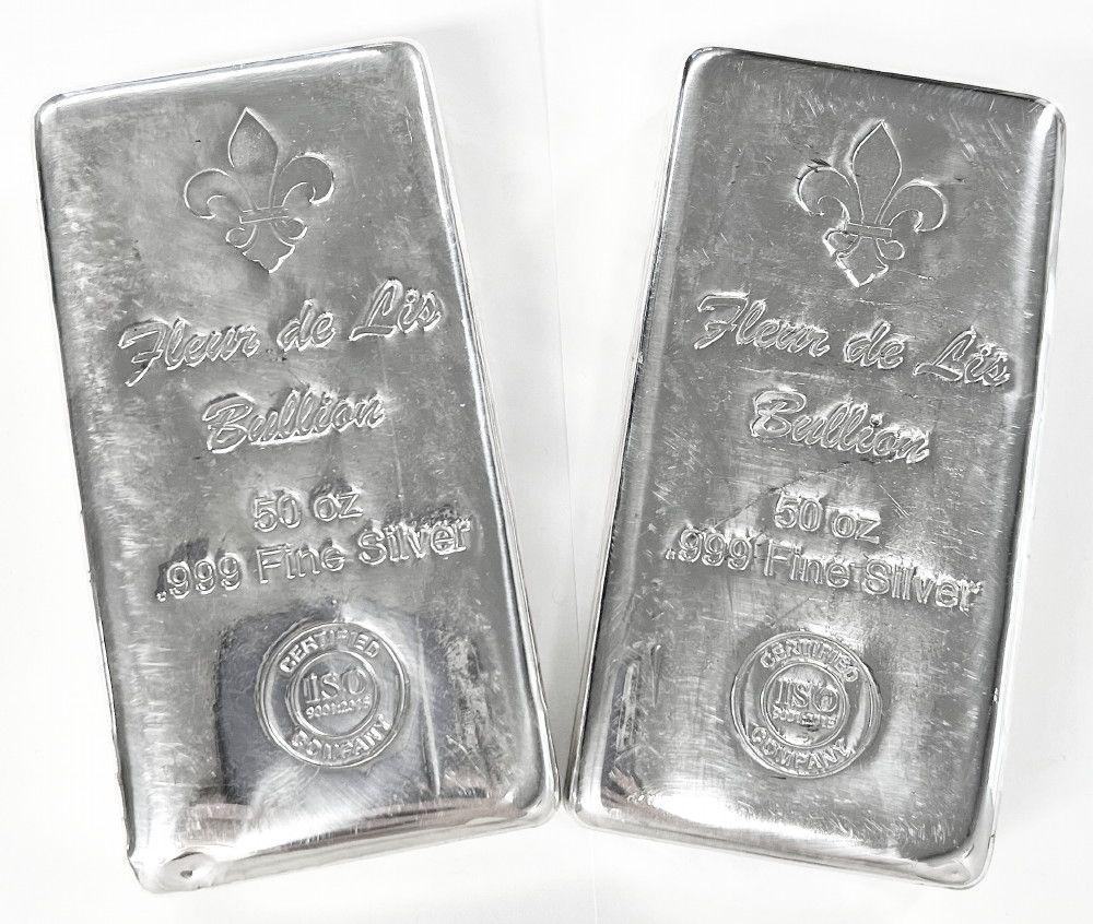 (2) 50 ozt .999 Fine Silver Fleur De Lis Bullion Bars (1 of 10)