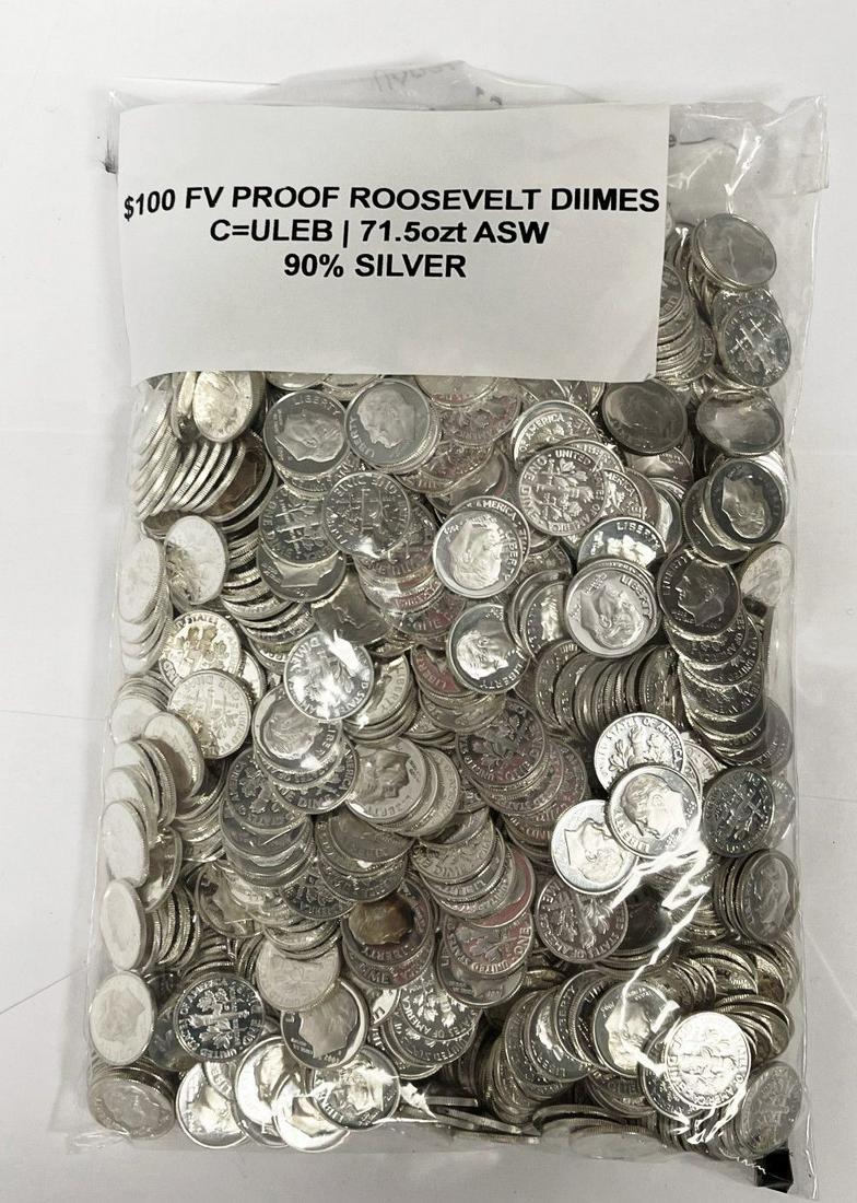 Proof 90% Silver Roosevelt Dimes $100 Face (1000-coins) (1 of 5)