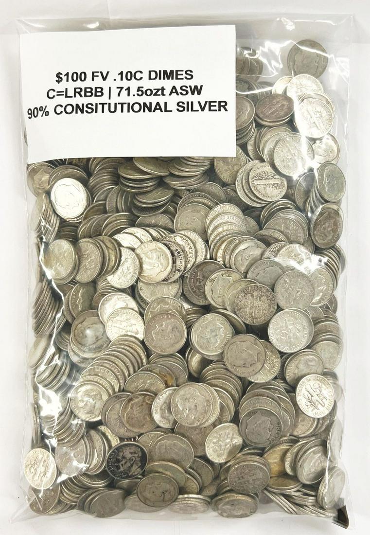 $100 Face Value 90% Mixed Silver Dimes (1000-Coins) (1 of 5)