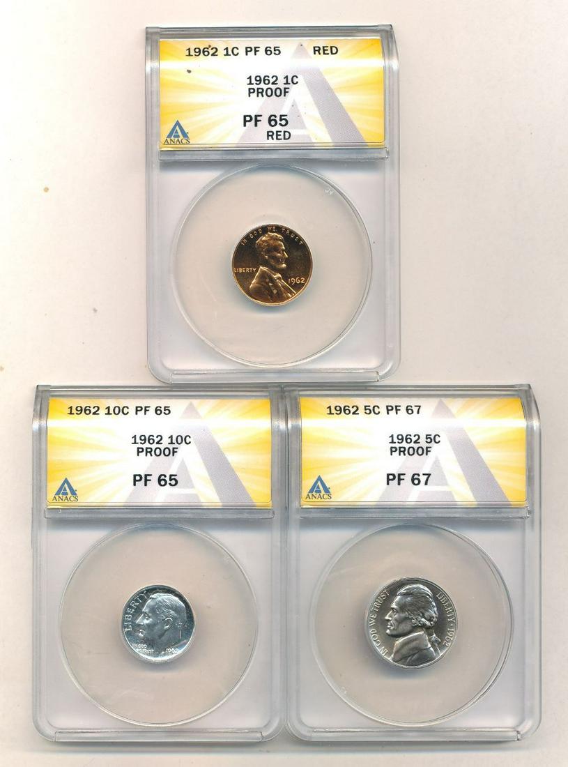 (3) 1962 Jeff. 5C, Lincoln 1C, Rosie 10C ANACS PF65/67: (3-coins) 1962 Proof Jefferson Nickle PF67, Lincoln Cent PF65, Rossovelt Silver Dime PF65.Winner shall receive the exact coins (3) shown here. (JM)