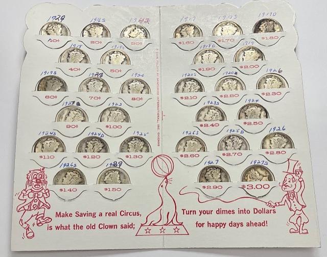 Vintage Clown Coinsaver Book + (30) Silver Mercury Dimes (1 of 5)