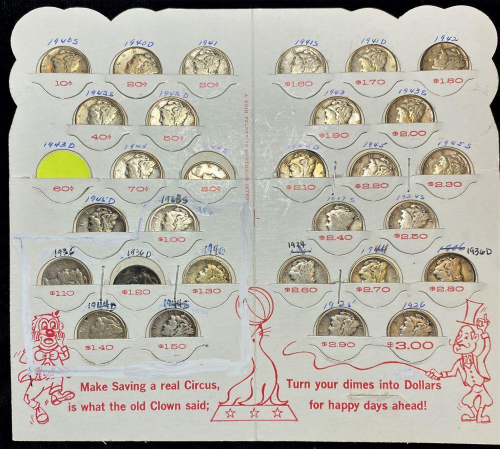 Vintage Clown Coinsaver Book + (29) Silver mercury Dimes (1 of 2)