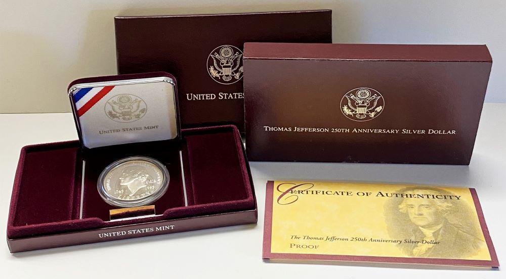 Thomas Jefferson 250th Anniversary Proof Silver Dollar: Winner shall receive the exact set (1-coin) shown here. (RR/B)