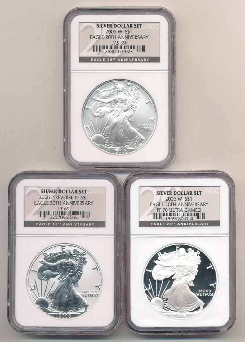 (3-coins) 2006 Silver Eagle 20th Anniversary Set NGC 70 (1 of 8)