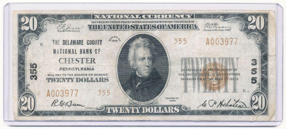 Rare 1929 National Bank Of Chester PA $20 Note Type 2 (1 of 2)