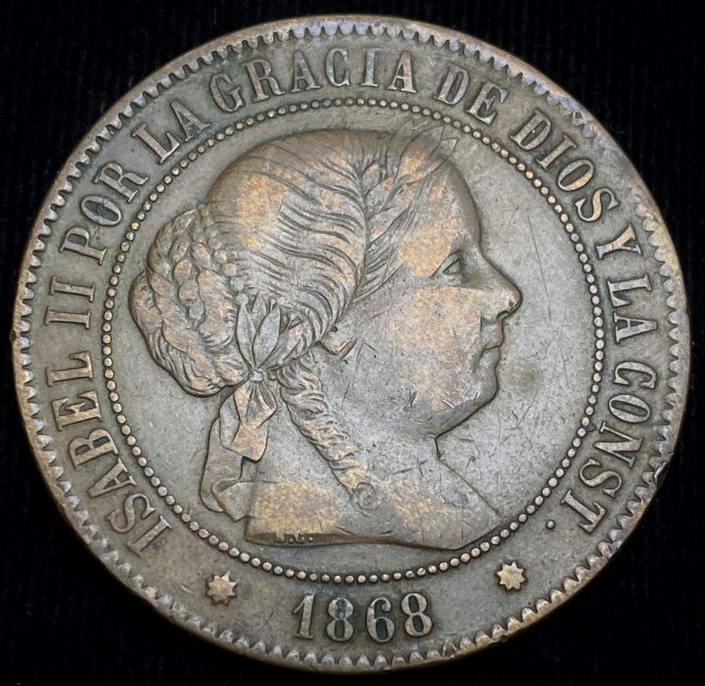 1868 Spain Queen Isabel II Copper 5 Cents VF (1 of 3)