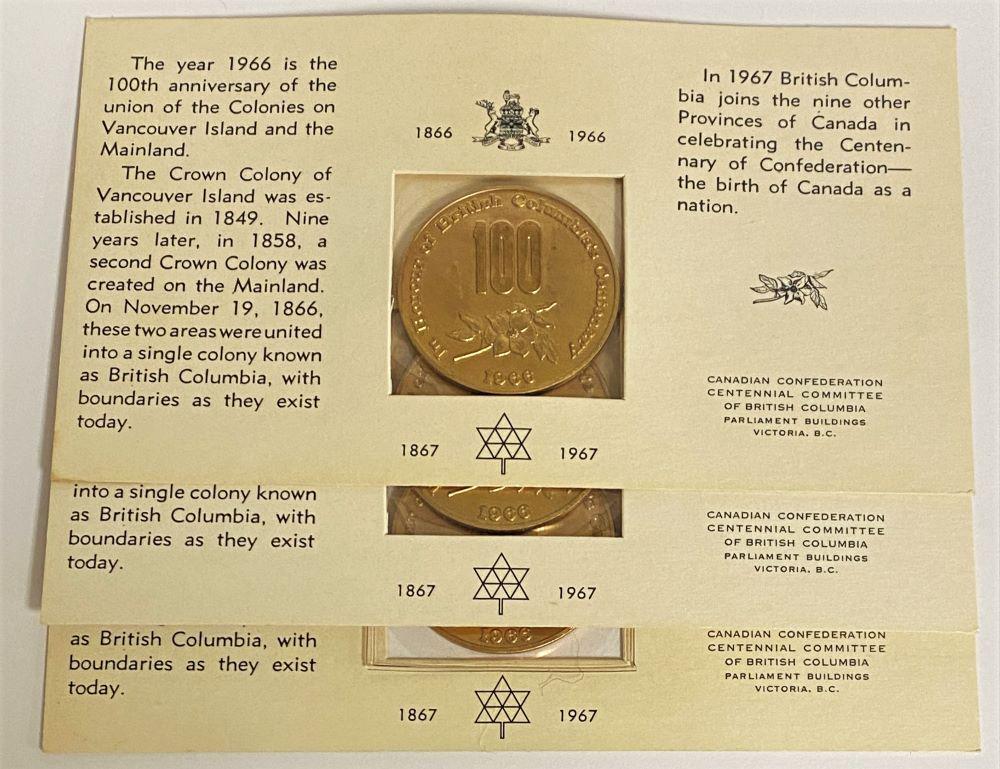(3-Coins)1966-67 Honor of British Columbia's Centenary: Winner shall receive the exact (3) coins shown here. (AZ/B)
