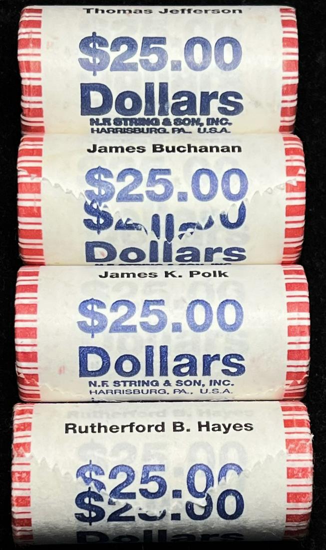 (4) Rolls Bank Wrapped U.S Golden Dollars (100-coins): Winner shall receive the exact 100 Golden dollars shown here. These are not available and are now considered collectable and are rare, perfect for stocking stuffers. (EP/B)