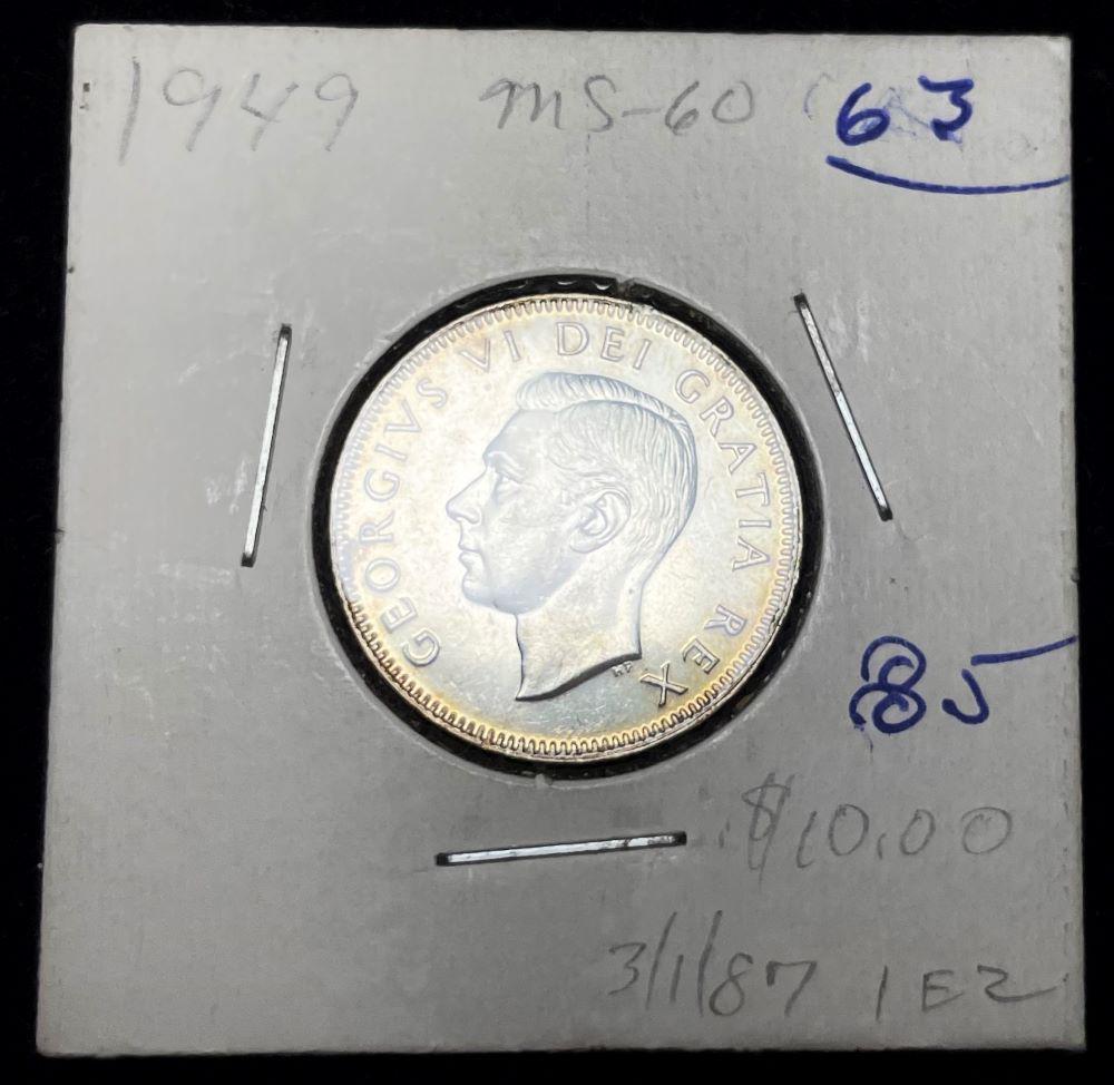 1949 Canadian Silver 25 Cent AU: Winner shall receive the exact coin shown here. (JM/B)The enclosed coin comes from a collection that has not seen the light of day in decades! Grading standards have loosened a bit and the appreciatio