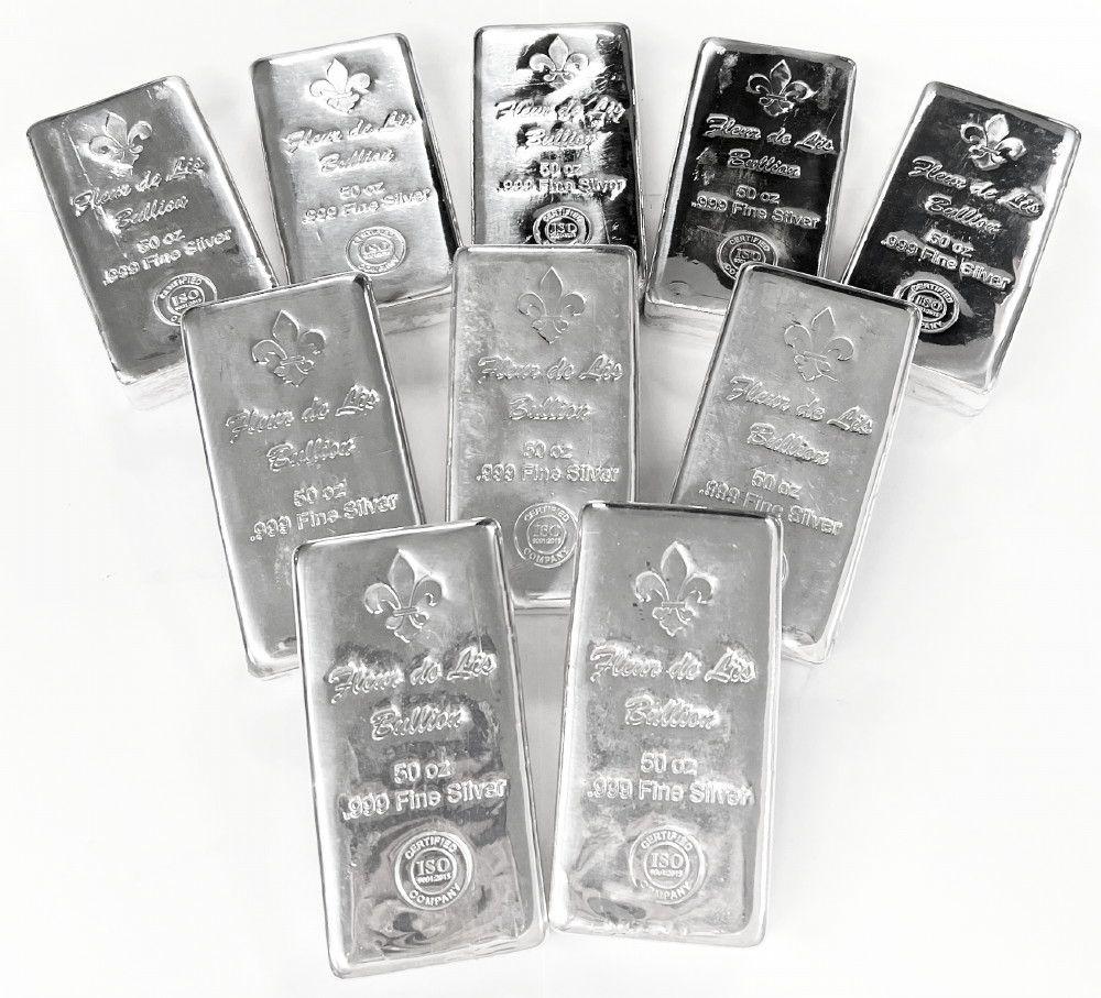 (10) 50 ozt .999 Fine Silver Fleur De Lis Bullion Bars (1 of 10)