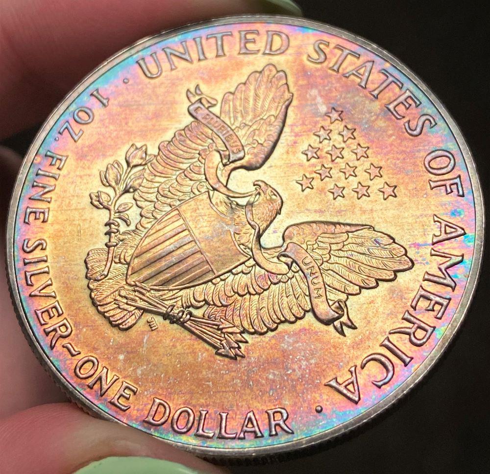 Pretty Rainbow Toning 1987 American Silver Eagle (1 of 5)