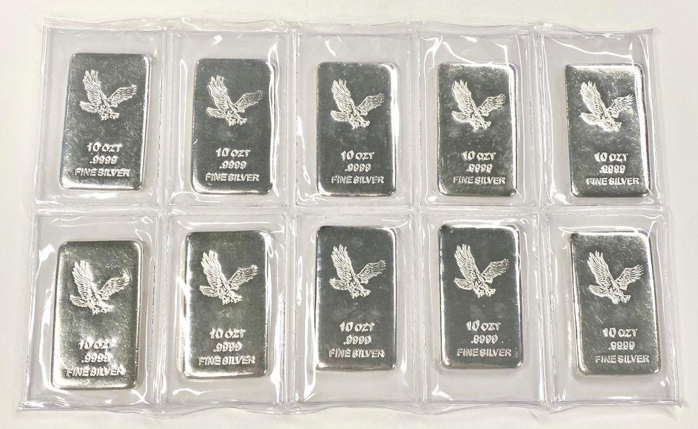 (10) Cast Poured 10 ozt .9999 Silver Bars (1 of 4)