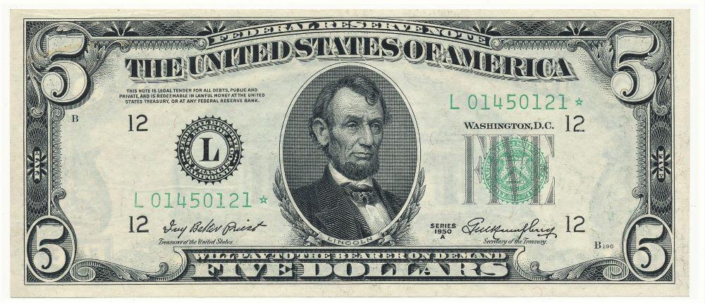 1950 United States $5 Federal Reserve Note Uncirculated: Winner shall receive the exact item shown here. (RR)