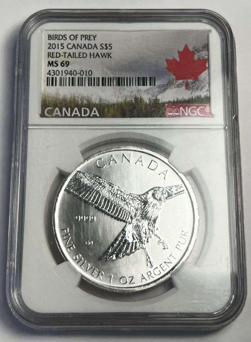 2015 Canada $5 Red Tail Hawk "Birds Of Prey" 1 ozt .9999 Silver NGC MS69 (1 of 3)