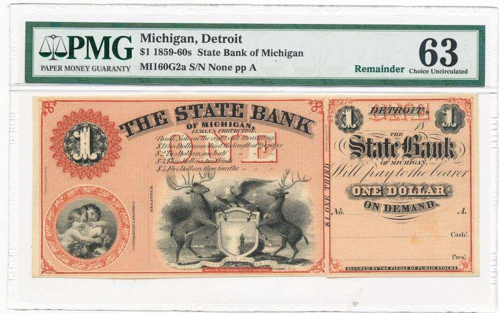 1859-60s $1 State Bank of Michigan Bank Note PMG Ch. UNC63: Winner shall receive the exact item shown here. (JM/UE)