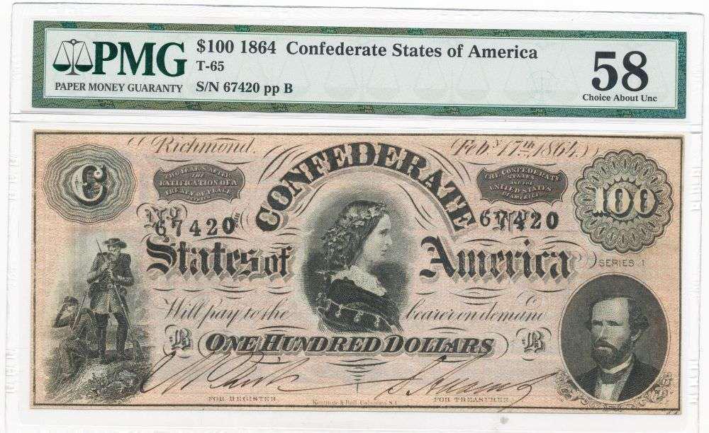 1864 $100 Confederate States of America Bank Note PMG CH. About UNC 58 (1 of 2)