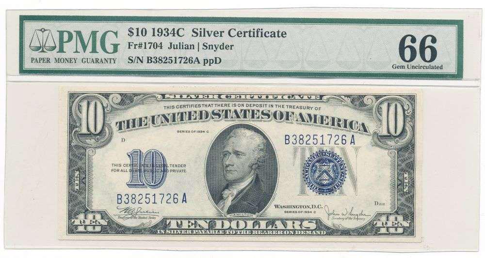 1934C $10 Silver Certificate Fr#1704 PMG Gem Unc66 (1 of 2)