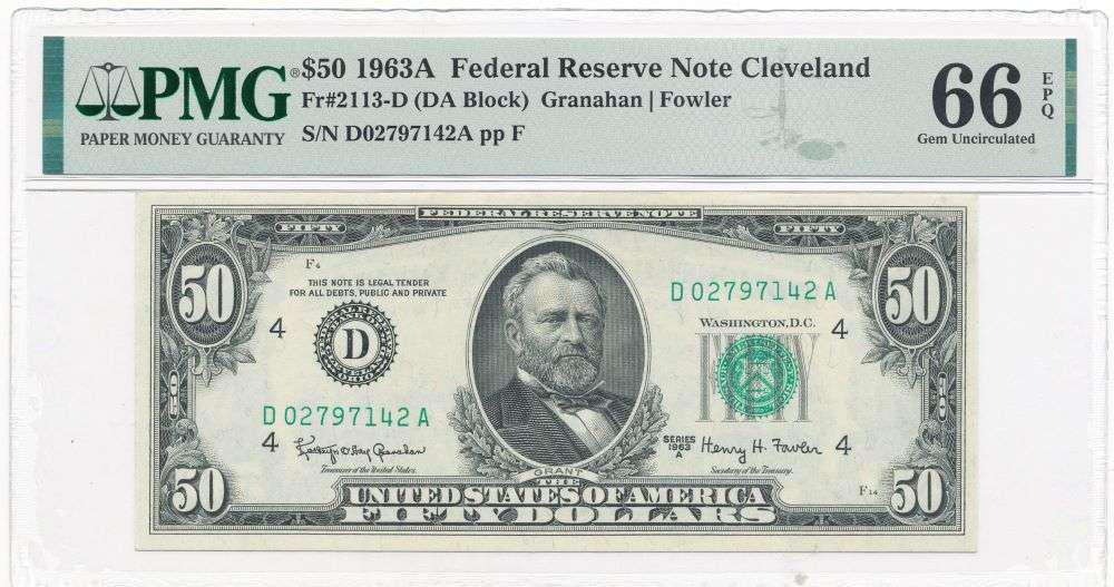 1963A $50 Federal Reserve Note Cleaveland Fr#2113-D PMG Gem Unc66: Winner shall receive the exact item shown here. (JM/UE)