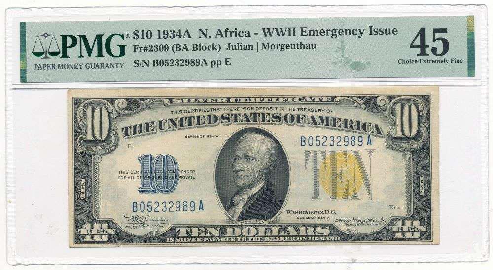 1934A $10 N. Africa WWII Emergency Issue Bank Note Fr#2309 PMG Choice XF45 (1 of 2)