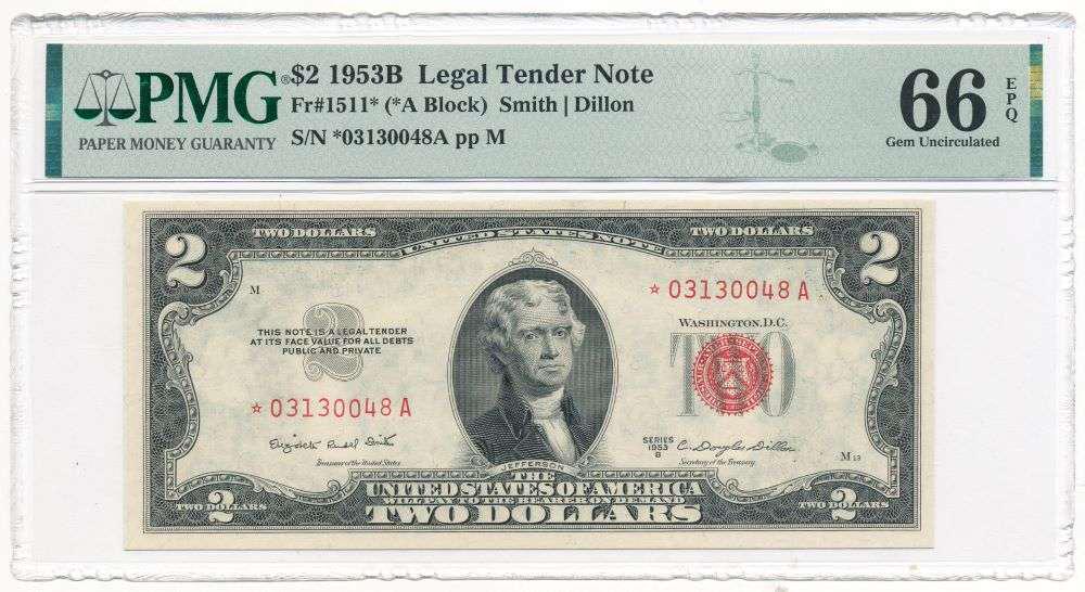 1953B $2 Legal Tender Note Fr#1511 PMG Gem Unc66: Winner shall receive the exact item shown here. (JM/UE)