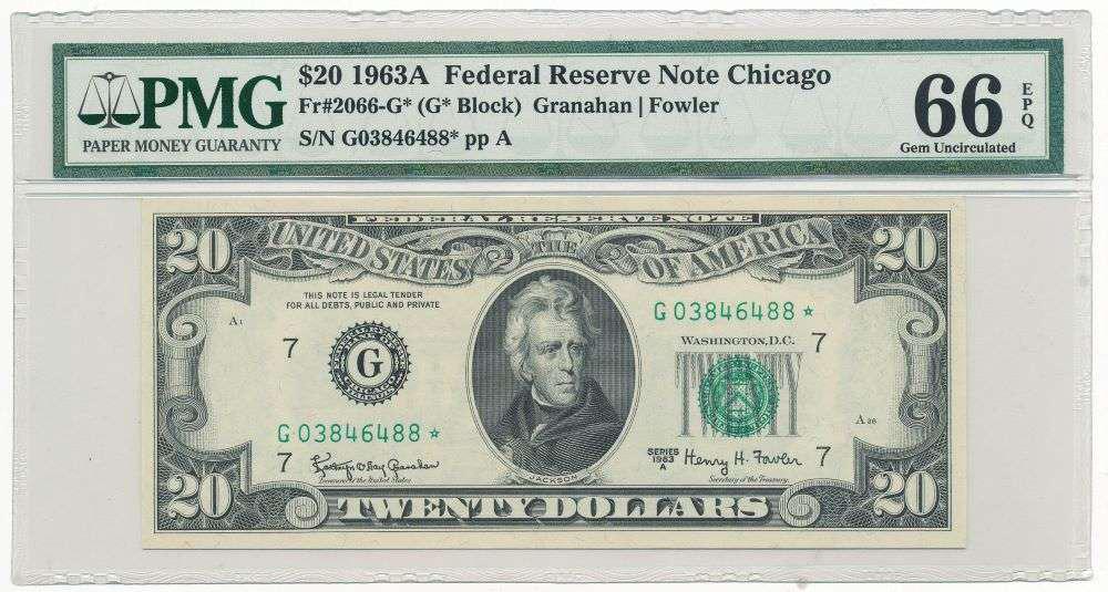 1963A Federal Reserve Note Chicago Fr#2066-G* PMG Gem Unc66: Winner shall receive the exact item shown here. (JM/UE)