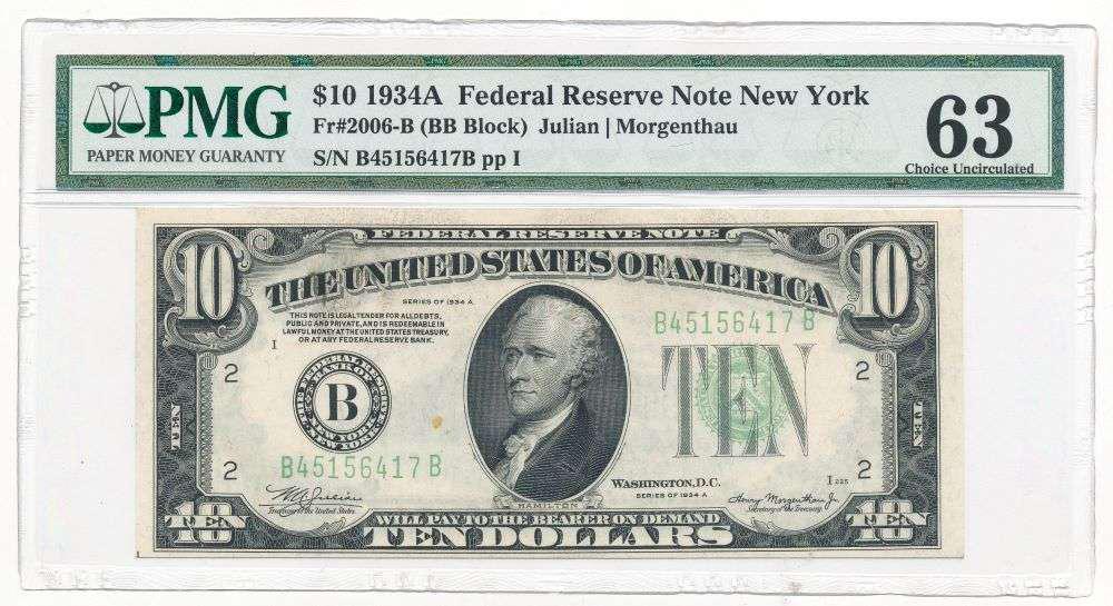 1934A $10 Federal Reserve Note New York Fr#2006-B PMG Ch. Unc63 (1 of 2)