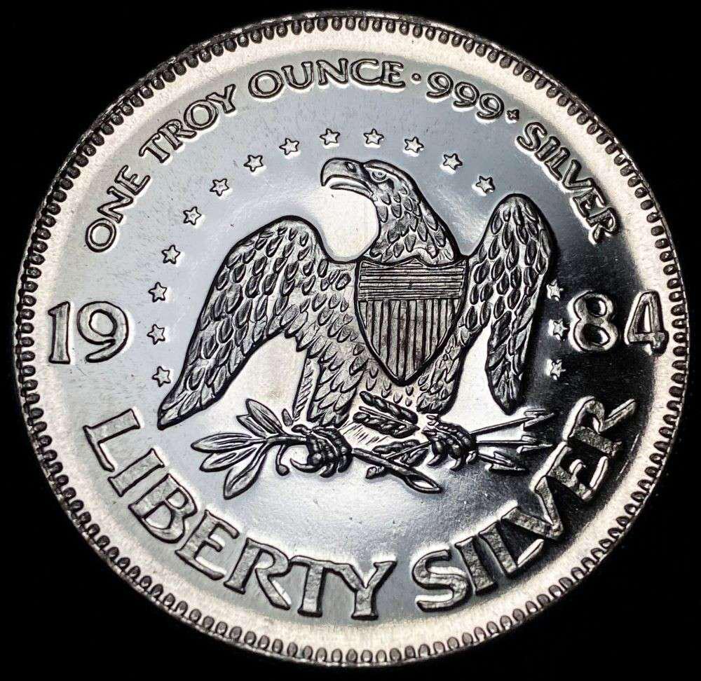 1984 A-Mark "Life Liberty Happiness" Proof 1 ozt .999 Silver: Winner shall receive the exact coin shown here. (RR/B)