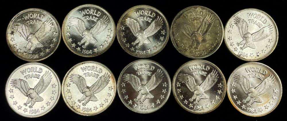 (10) 1984 World Trade Eagle One World Unit 1 ozt .999 Silver: Winner shall receive the exact coins (10) shown here. (JM/TVC=UPB)