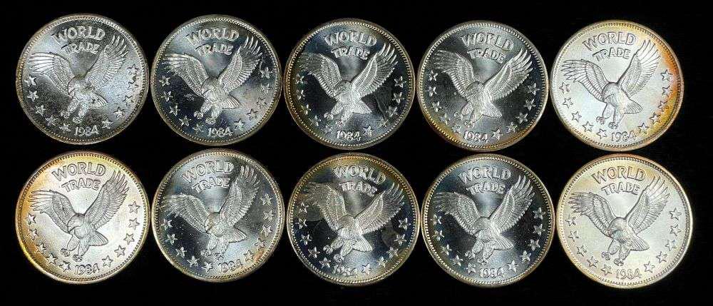 (10) 1984 World Trade Eagle One World Unit 1 ozt .999 Silver: Winner shall receive the exact coins (10) shown here. (JM/TVC=UPB)