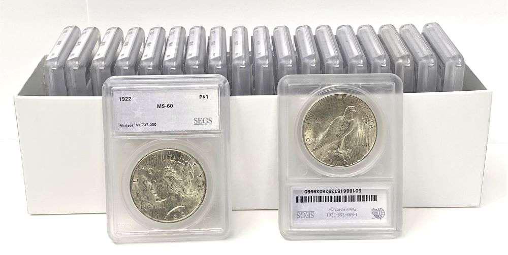 (20) MS60+ Certified 1922 Peace Silver Dollars (1 of 8)