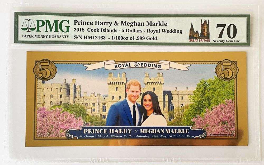 2018 Royal Wedding Harry & Megan Markle .999 Gold 1/100th ozt $5 Legal Tender PMG 70: Winner shall receive one item precisely resembling the one shown here. (RR/ET)