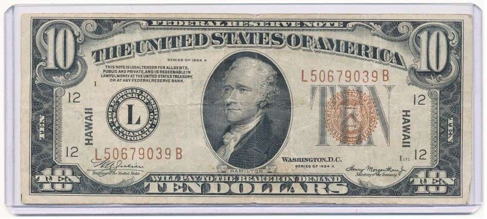 1934A Federal Reserve Hawaii $10 Note Good (1 of 2)