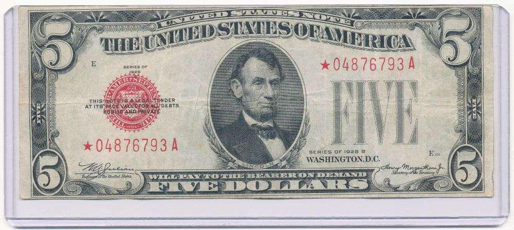 MINT ERROR!!! 1928 United States $5 Star Note VF (1 of 7)