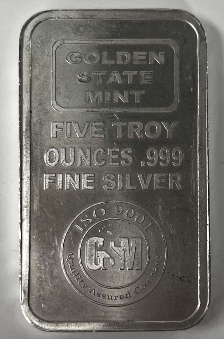 Vintage Golden State Mint 5 ozt .999 Silver Bar: Winner shall receive the exact bar shown here. (EP/B)