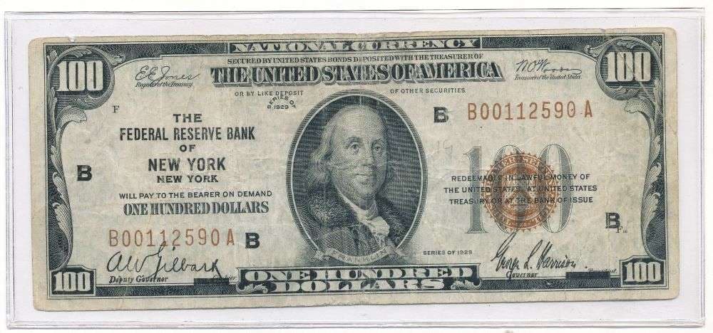 1929 The Federal Reserve Bank Of New York, New York $100 Bill: Winner shall receive the exact currency shown here. (JM/B)