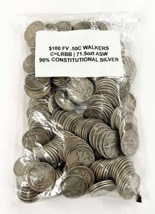 $100 FV Sealed Evidence Bag 90% Silver Walkers 50c: This bag contains $100 Face Value or (200-coins). These are walking liberty 90% silver half dollars minted between 1916 and 1947. Please allow 2-4 weeks for shipping.