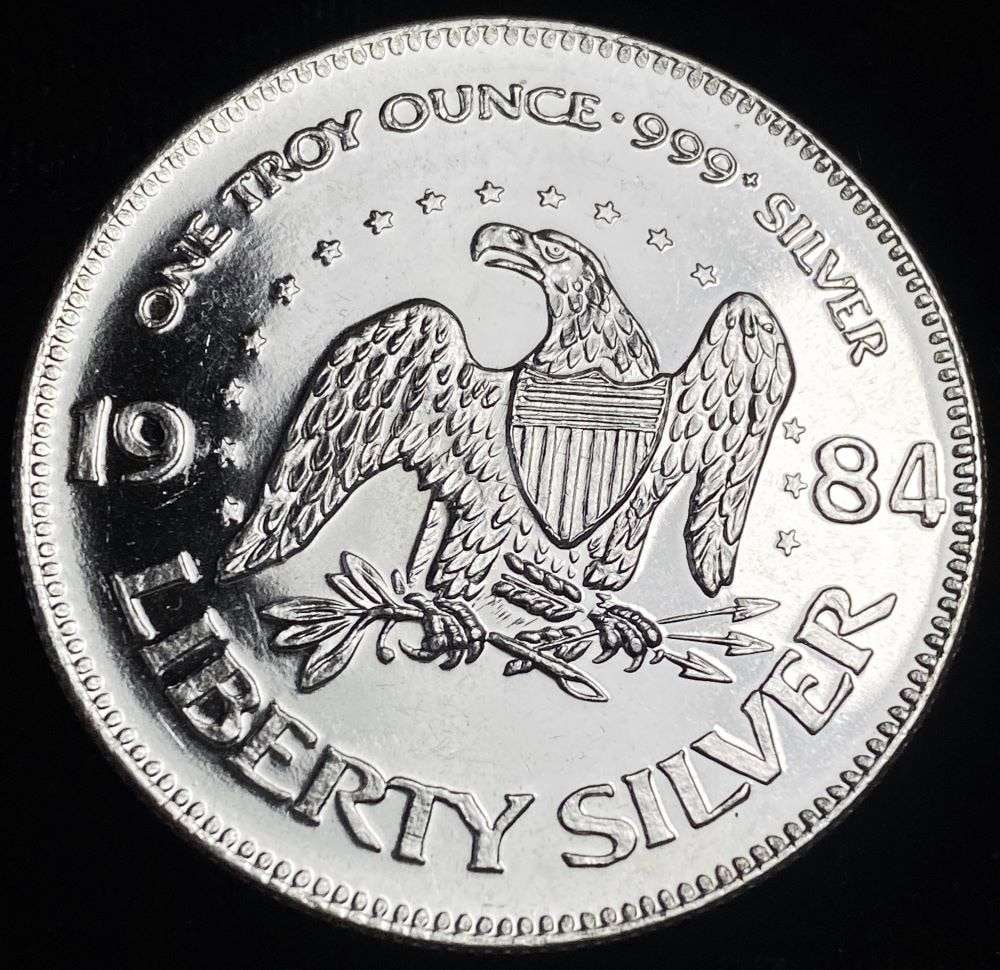 1984 A-Mark "Life Liberty Happiness" Proof 1 ozt .999 Silver: Winner shall receive the exact coin shown here. (RR/B)
