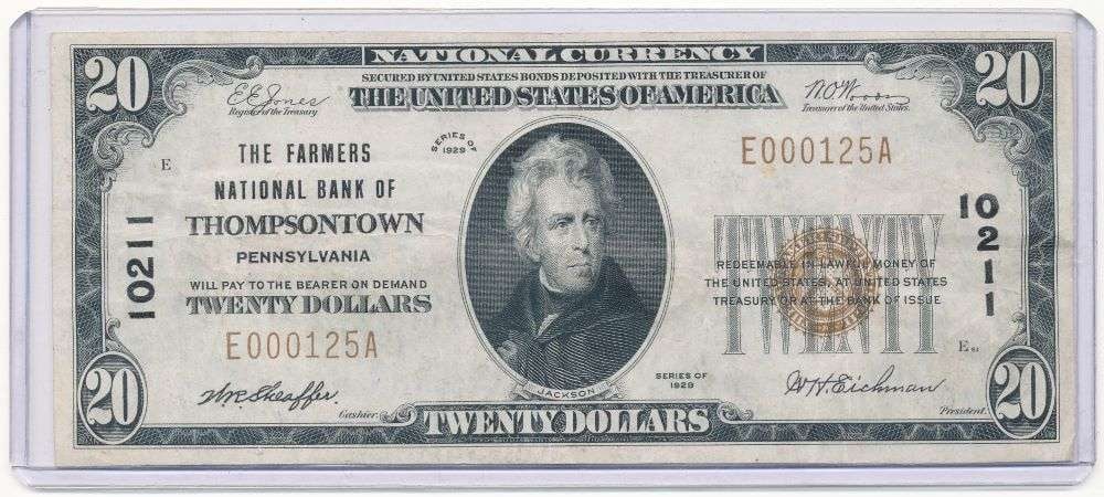 Rare Charter / Low Serial 1929 The Farmers National Bank Of Thompsontown Pennsylvania $20 Note: Winner shall receive the exact item shown here. (RR)