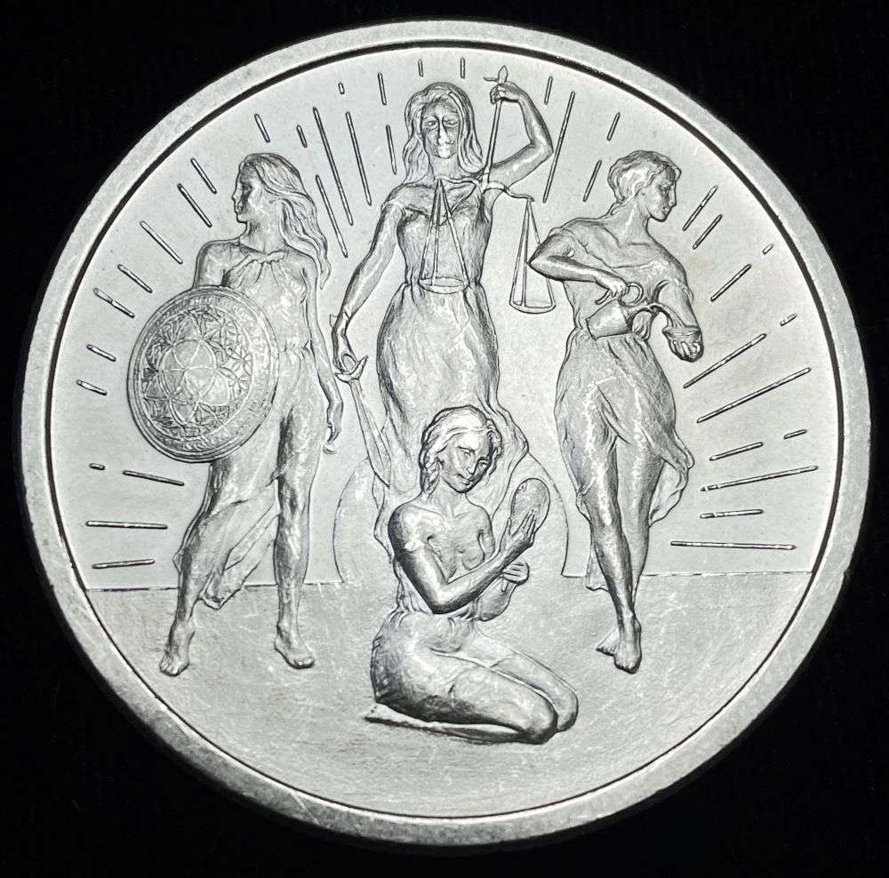 2020 Rising Virtues Silver Shield 1 ozt .999 Silver: Winner shall receive the exact coin shown here. (RR)