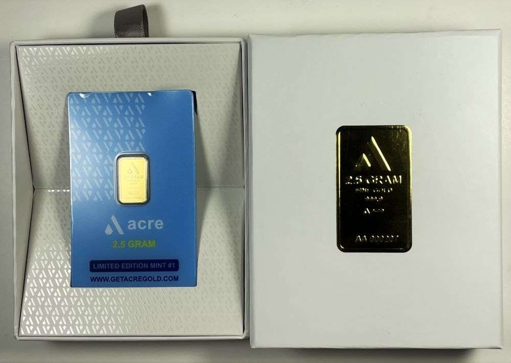 Acre 2.5 Gram .9999 Gold Bar: Winner shall receive the exact bar shown here. (JM/B)