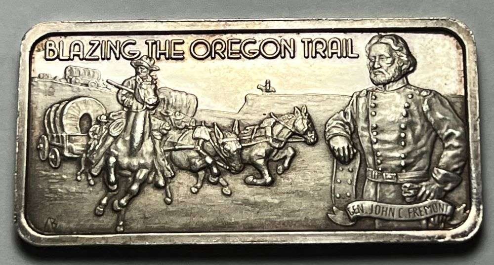 Rare The Hamilton Mint "Blazing The Oregon Trail" 1 ozt .999 Silver Bar: Winner shall receive the exact bar shown here. (EP/B)