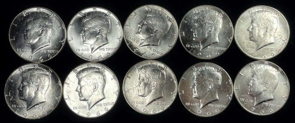 (10) 1966 Kennedy 40% Silver Half Dollars BU (1 of 4)
