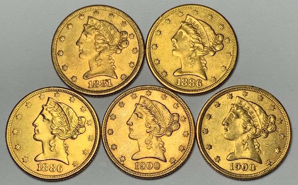 (5-coins) 1881-1900 Gold $5 Liberty Head AU/Mint (1 of 2)