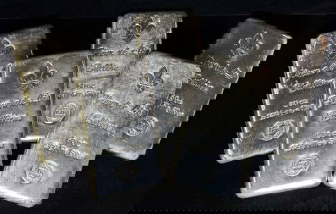 (5) 50 ozt Bar Fleur De Lis Bullion .999 Fine Silver: This item comes from our consignors vault in St. Louis. Please allow 2-4 weeks for delivery. Winner shall receive FIVE (5) 50 ozt .999 silver bar, precisely resembling the bar shown here.
