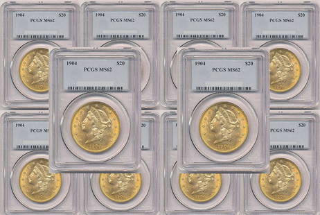 Ten (10) $20.00 Liberty Head Gold PCGS MS62: Winner of auction shall receive a lot of (10-coins) $20.00 Liberty Head Gold PCGS MS62, precisely resembling the coins shown in pictures.NOTE: This is a stock photo - Your ten (10-coins) will be hand-